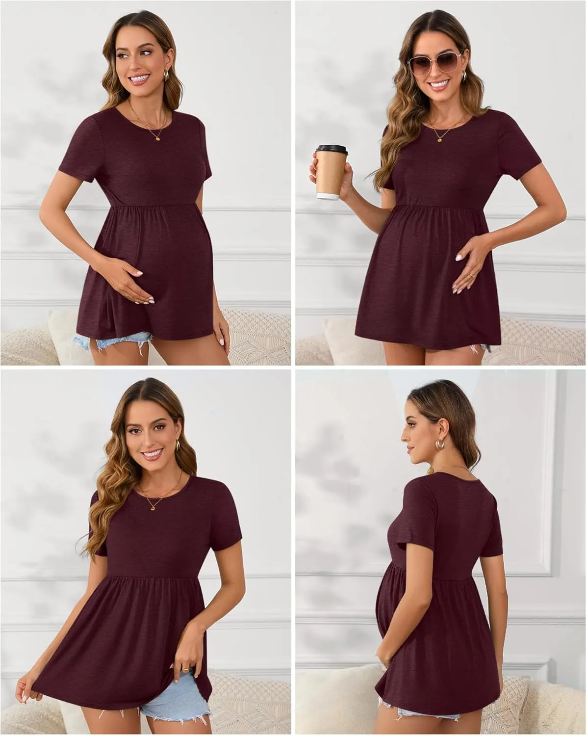 Ficerd 3 Packs Cotton Women's Maternity Tops Short Sleeve Scoop Neck Elastic Band High Waist Shirts Pregnancy Clothes