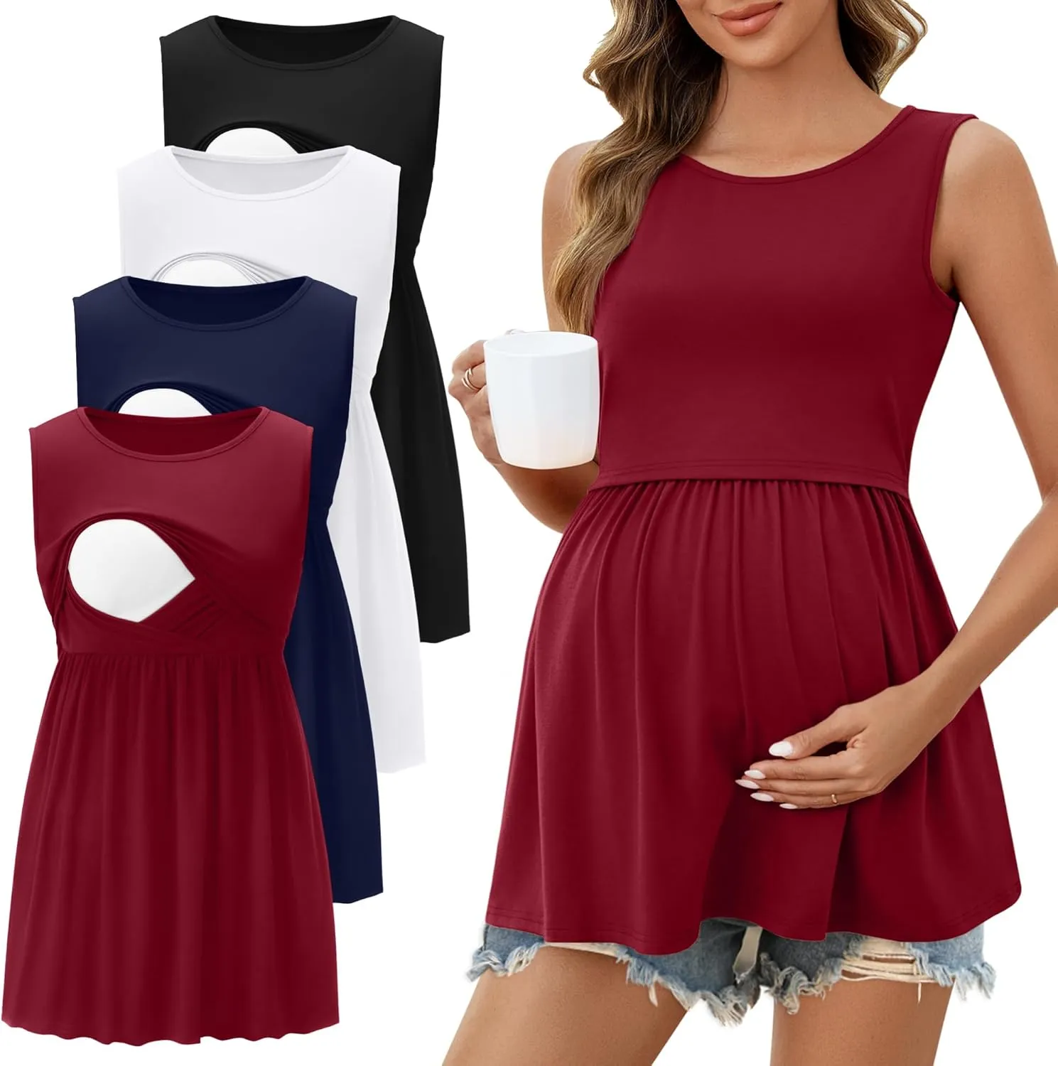 Ficerd 4 Pack Women's Maternity Nursing Tank Tops for Breastfeeding Cotton Round Neck Sleeveless Shirts Pregnancy Clothes
