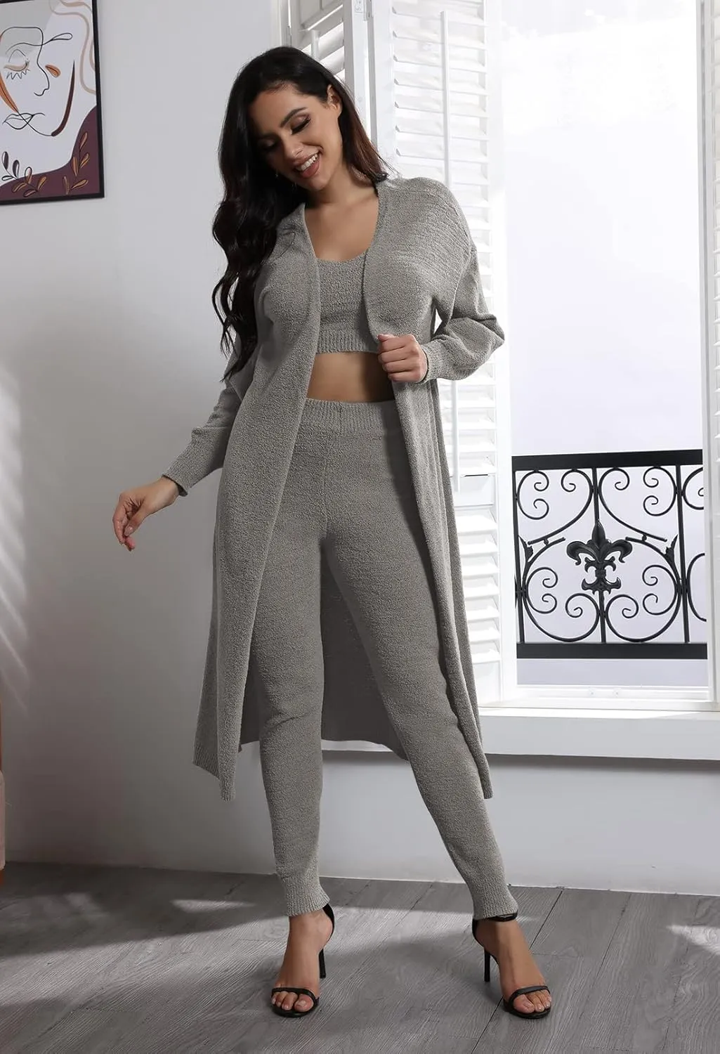 Fixmatti Women's Fuzzy Fleece 3 Piece Lounge Set Crop Tops Leggings Long Cardigan Knitted Sweatsuit Outfits