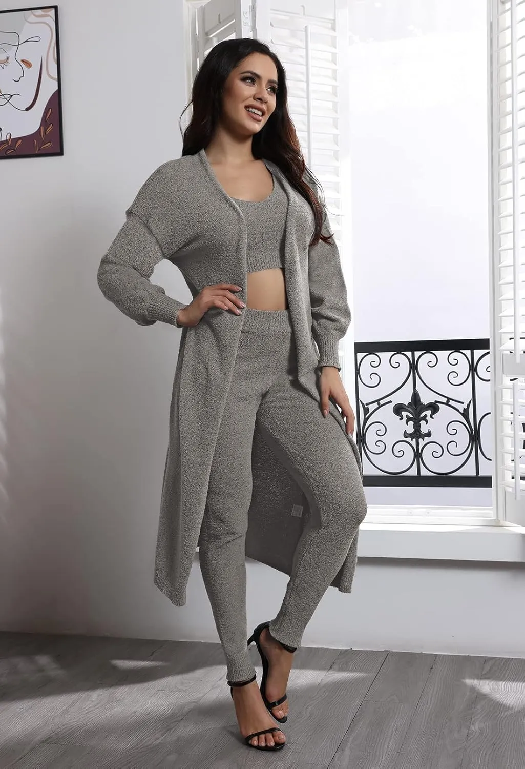 Fixmatti Women's Fuzzy Fleece 3 Piece Lounge Set Crop Tops Leggings Long Cardigan Knitted Sweatsuit Outfits