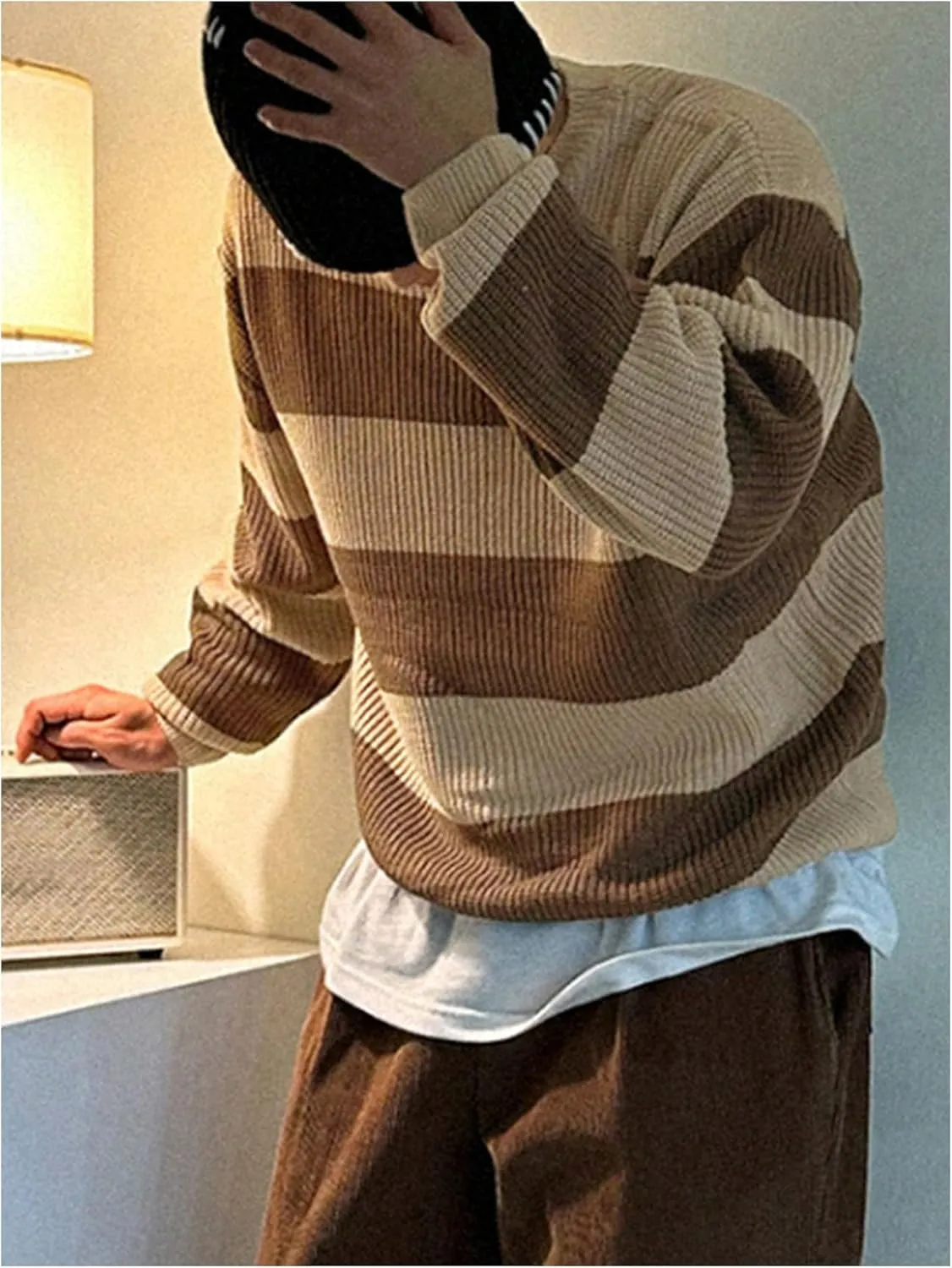 Floerns Men's Striped Colorblock Long Sleeve Knitted Sweater Fall Pullover Tops
