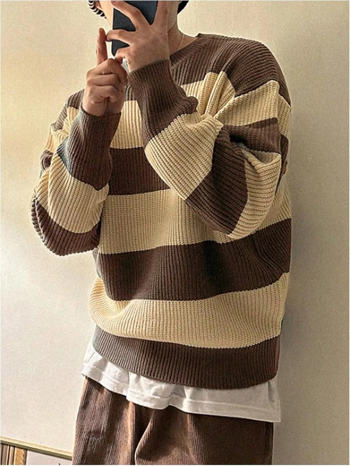 Floerns Men's Striped Colorblock Long Sleeve Knitted Sweater Fall Pullover Tops