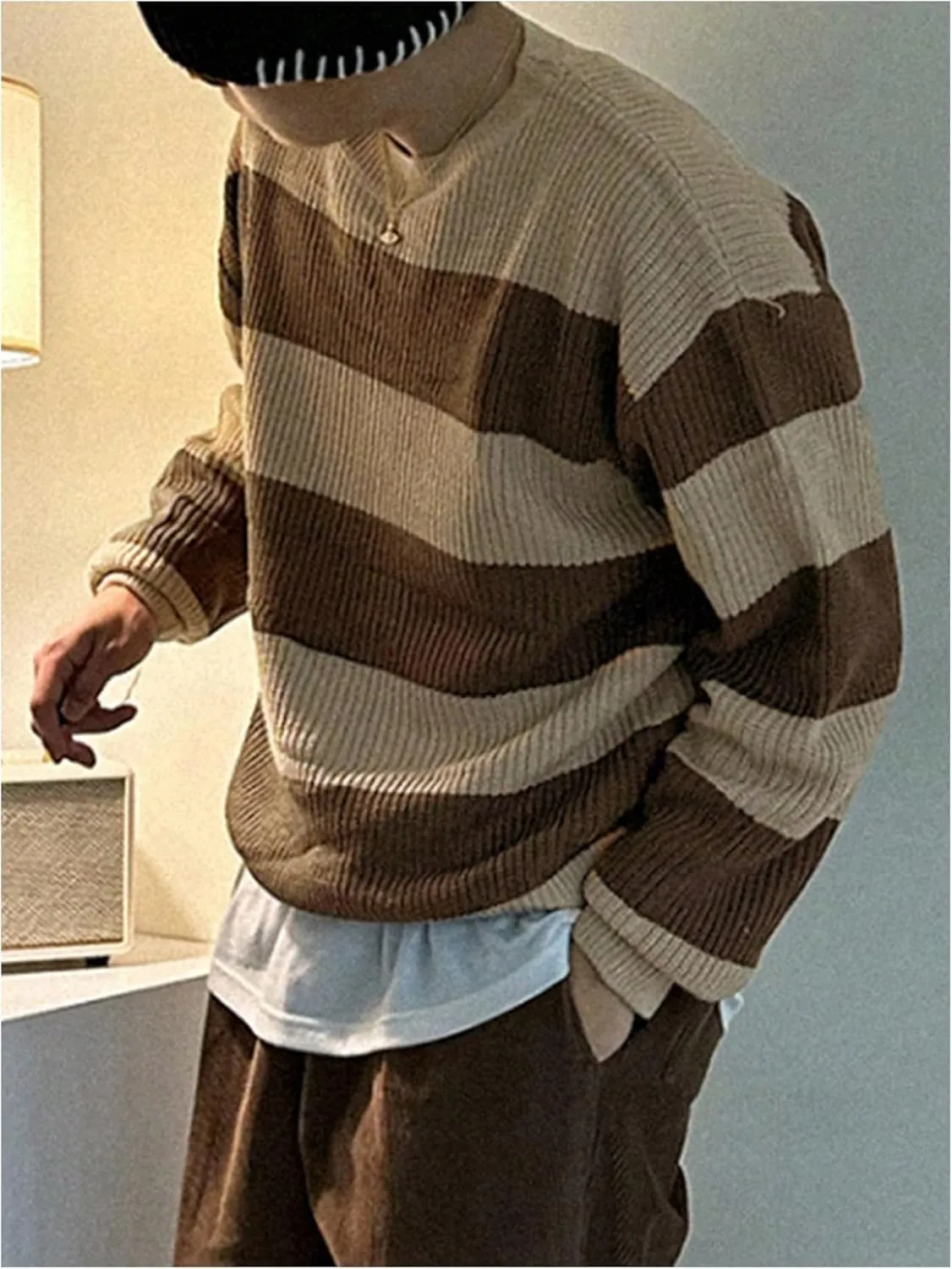 Floerns Men's Striped Colorblock Long Sleeve Knitted Sweater Fall Pullover Tops