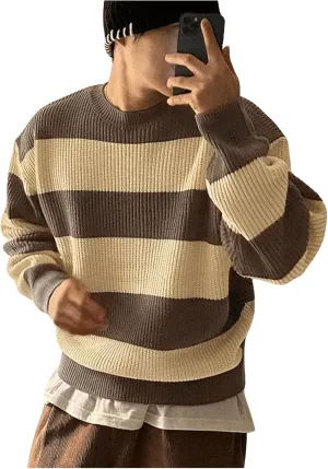 Floerns Men's Striped Colorblock Long Sleeve Knitted Sweater Fall Pullover Tops