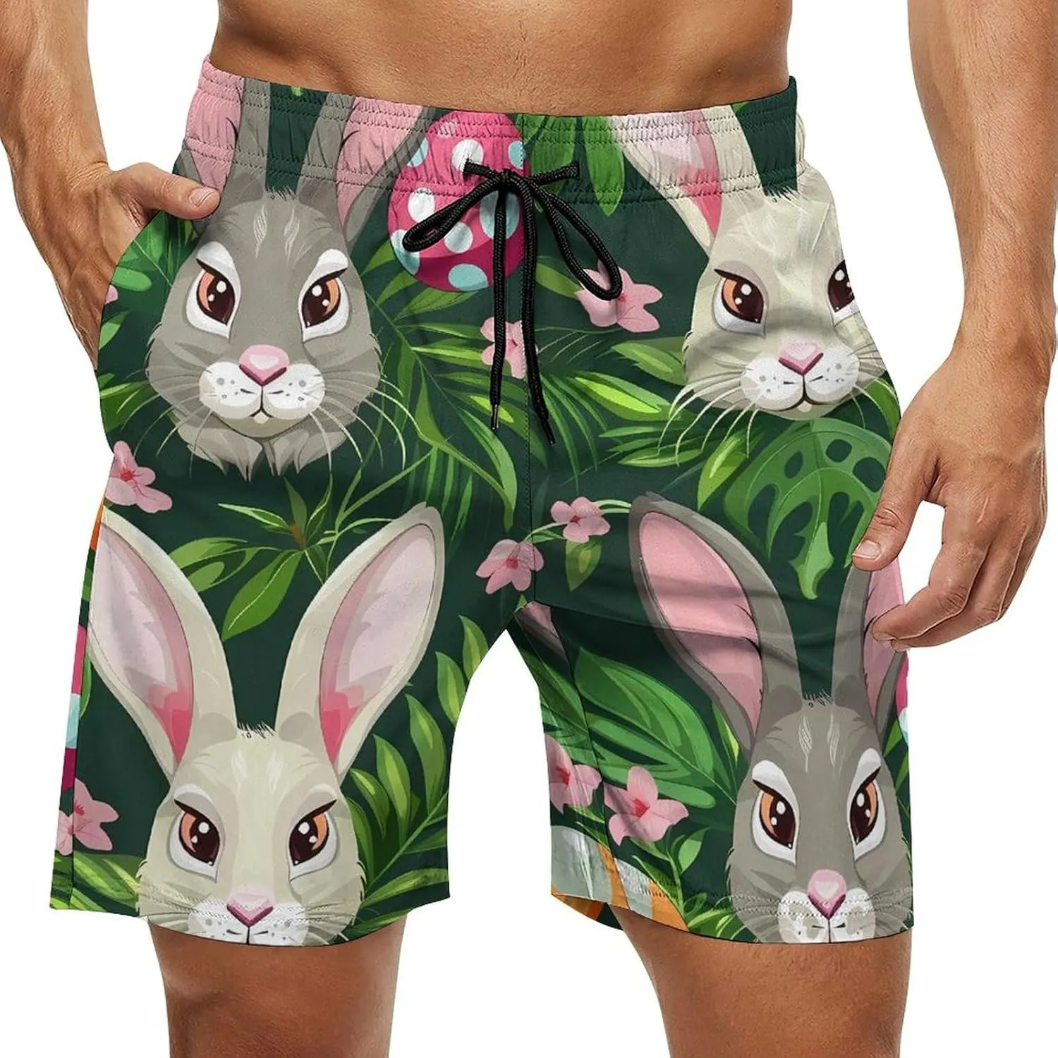 Funny Cartoon Rabbits Men's Swim Trunks Quick Dry Board Shorts Breathable Summer Beach Shorts Bathing Suits