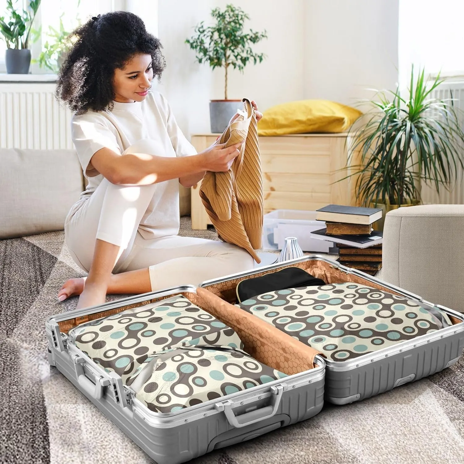 Garment Bag Closet Storage, Luggage Space Saver, Circle Abstract Green, Waterproof, 3 Set Travel Packing Cubes For Suitcases, Luggages Management Personnel