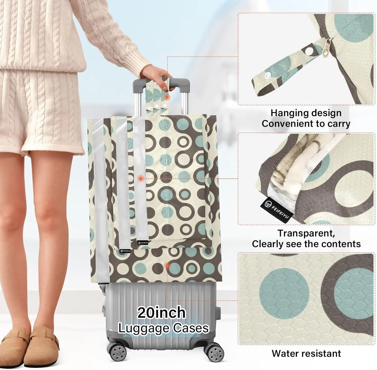 Garment Bag Closet Storage, Luggage Space Saver, Circle Abstract Green, Waterproof, 3 Set Travel Packing Cubes For Suitcases, Luggages Management Personnel