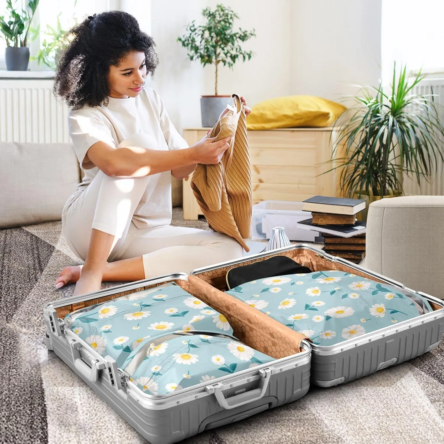 Garment Bag Closet Storage, Luggage Space Saver, Flower Daisy, Waterproof, 3 Set Travel Packing Cubes For Suitcases,Organizadores De Maletas Para