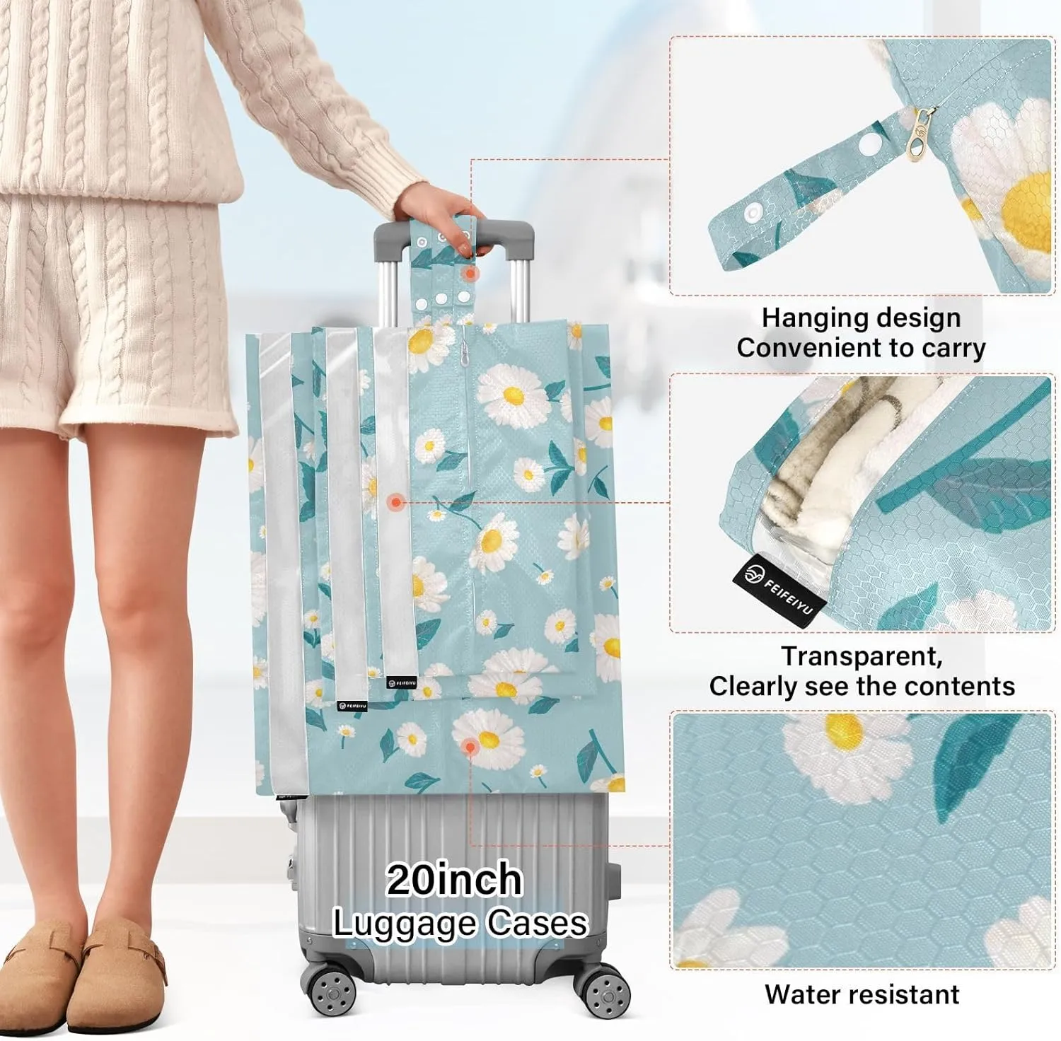 Garment Bag Closet Storage, Luggage Space Saver, Flower Daisy, Waterproof, 3 Set Travel Packing Cubes For Suitcases,Organizadores De Maletas Para