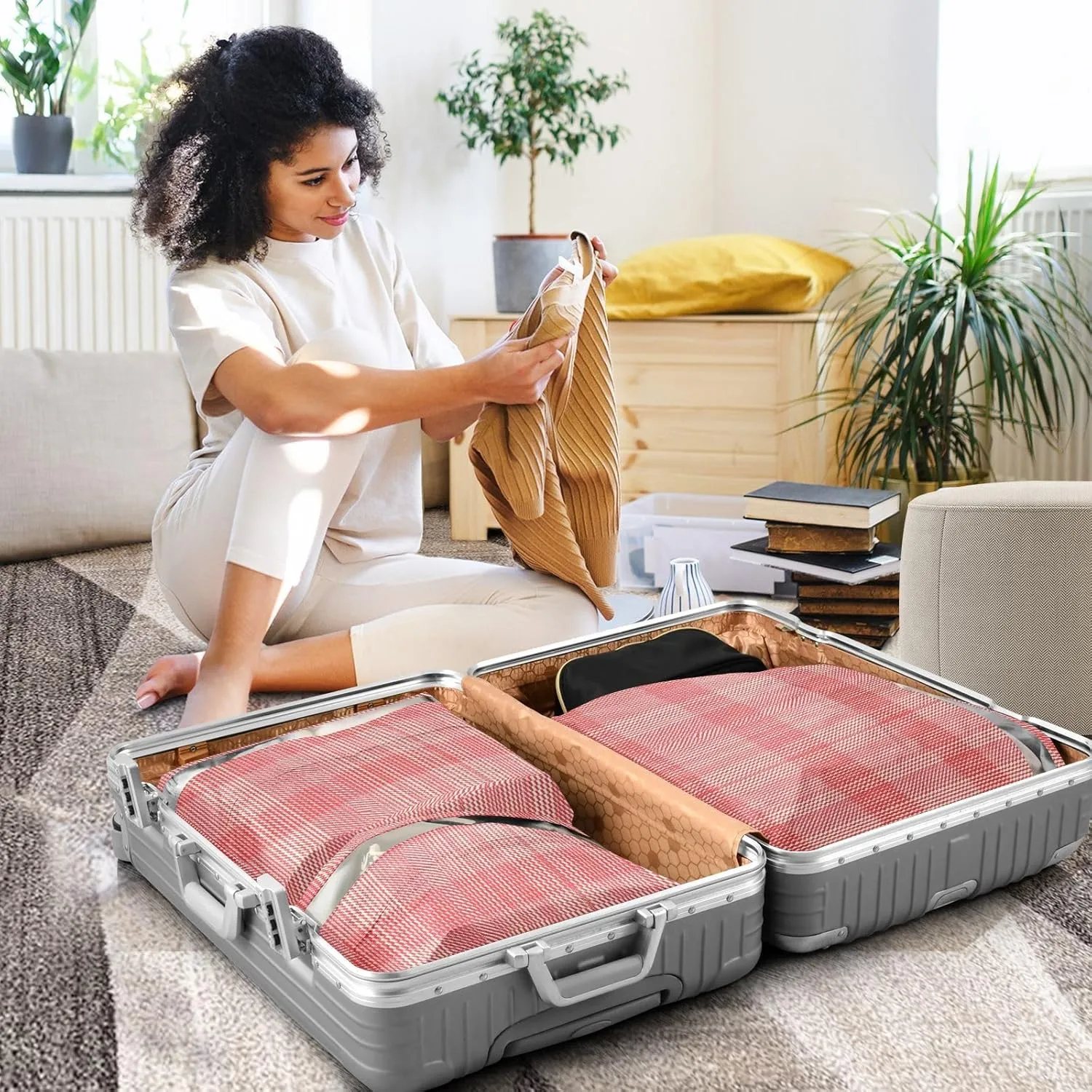 Garment Bag Closet Storage, Luggage Space Saver, Herringbone Houndstooth Checked Red Red Coral, Waterproof, 3 Set Travel Packing Cubes For Suitcases,Organizadores De Maletas Para