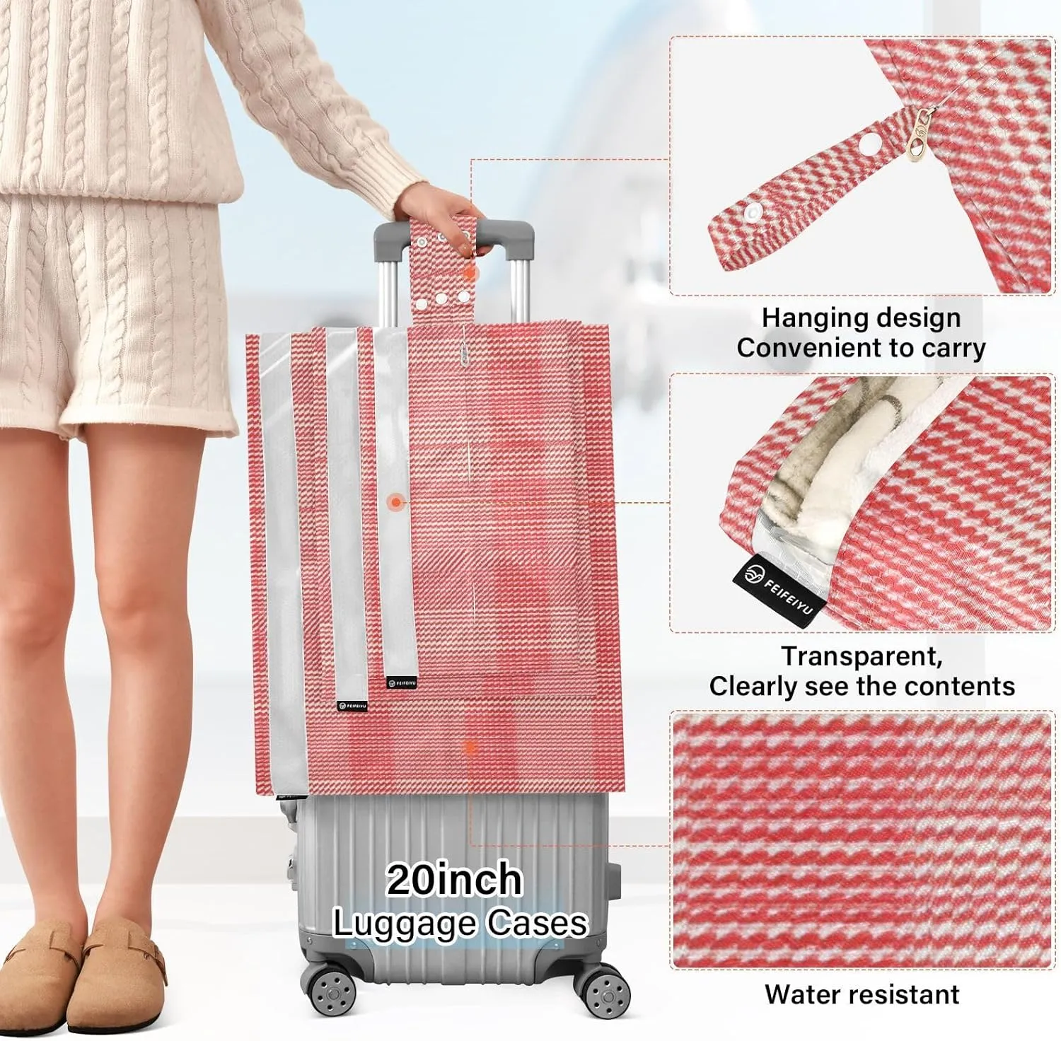 Garment Bag Closet Storage, Luggage Space Saver, Herringbone Houndstooth Checked Red Red Coral, Waterproof, 3 Set Travel Packing Cubes For Suitcases,Organizadores De Maletas Para