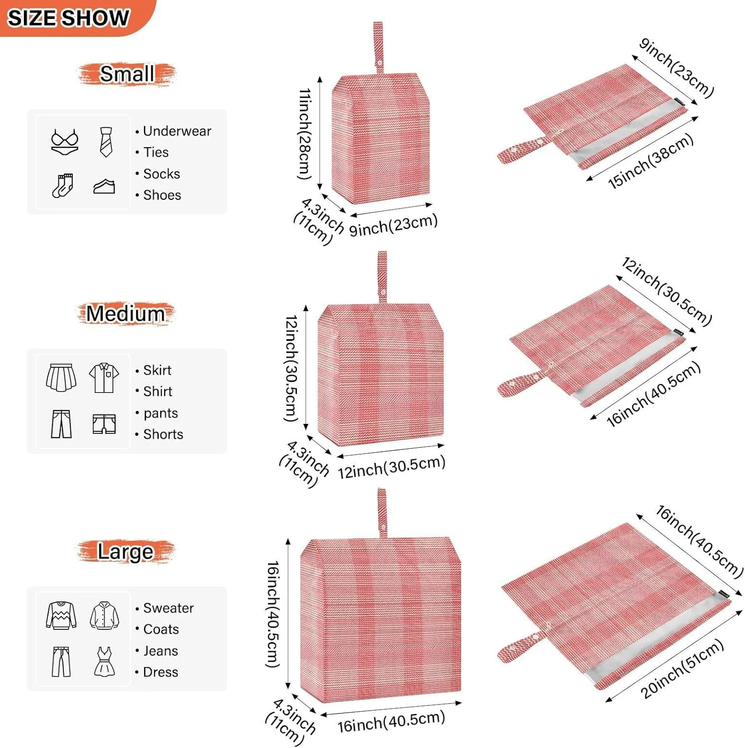 Garment Bag Closet Storage, Luggage Space Saver, Herringbone Houndstooth Checked Red Red Coral, Waterproof, 3 Set Travel Packing Cubes For Suitcases,Organizadores De Maletas Para