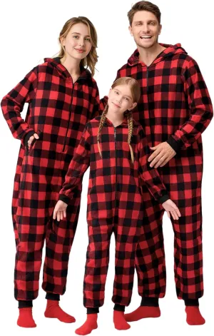 Giggling Getup Red Mens Adult Christmas Pajamas, Flannel Buffalo Plaid Pajamas Adults with Hood for Holiday Pajamas Jumpsuit-XL