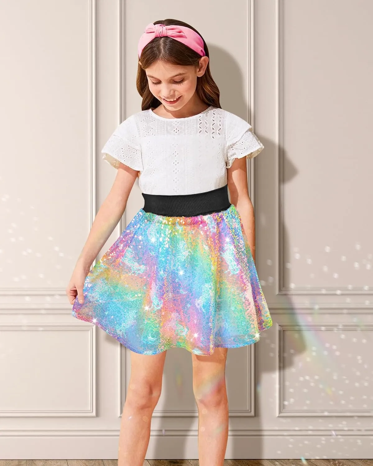 Girls Sequin Skirt, Kids Sparkly Skirt Rainbow Glitter Skirt Skorts for 6-10 Years