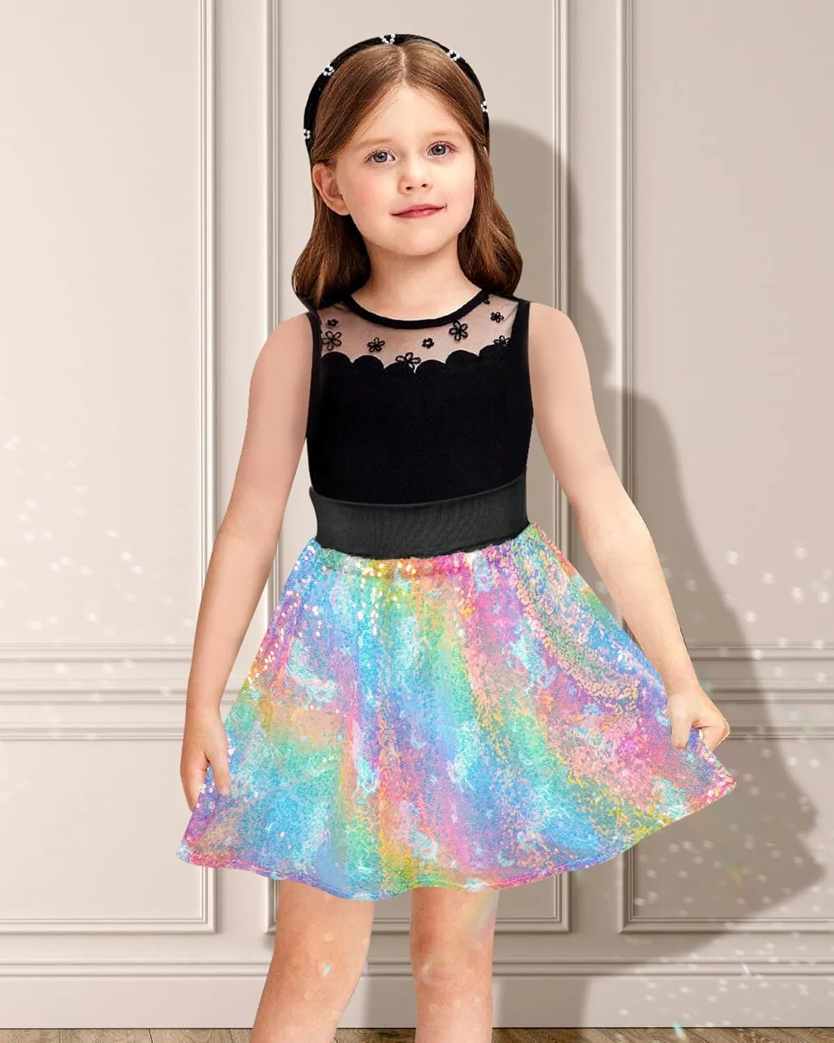 Girls Sequin Skirt, Kids Sparkly Skirt Rainbow Glitter Skirt Skorts for 6-10 Years