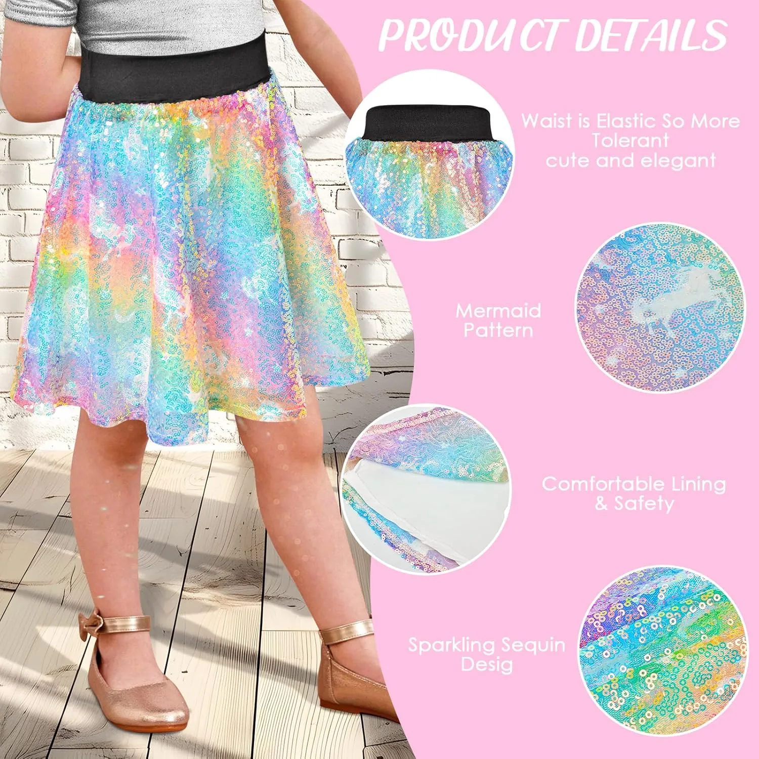 Girls Sequin Skirt, Kids Sparkly Skirt Rainbow Glitter Skirt Skorts for 6-10 Years