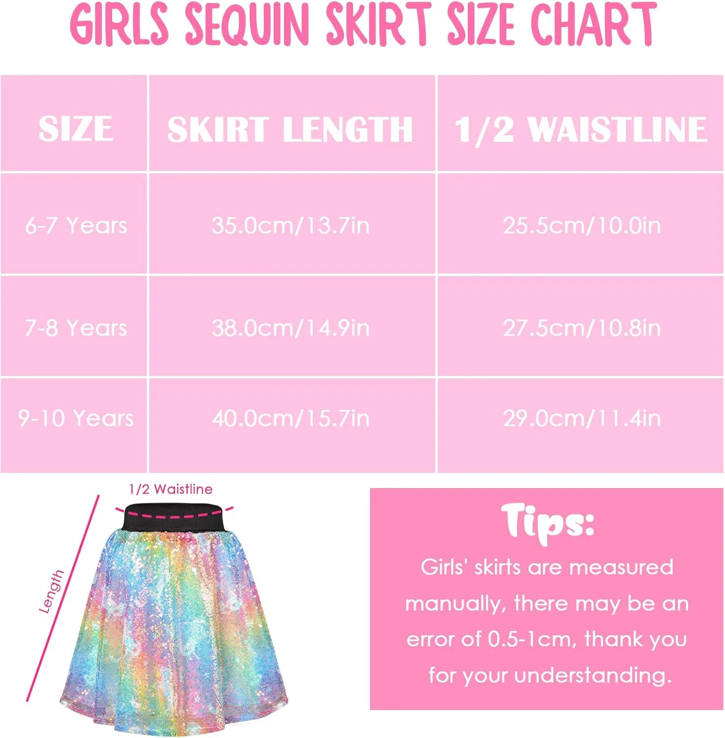 Girls Sequin Skirt, Kids Sparkly Skirt Rainbow Glitter Skirt Skorts for 6-10 Years
