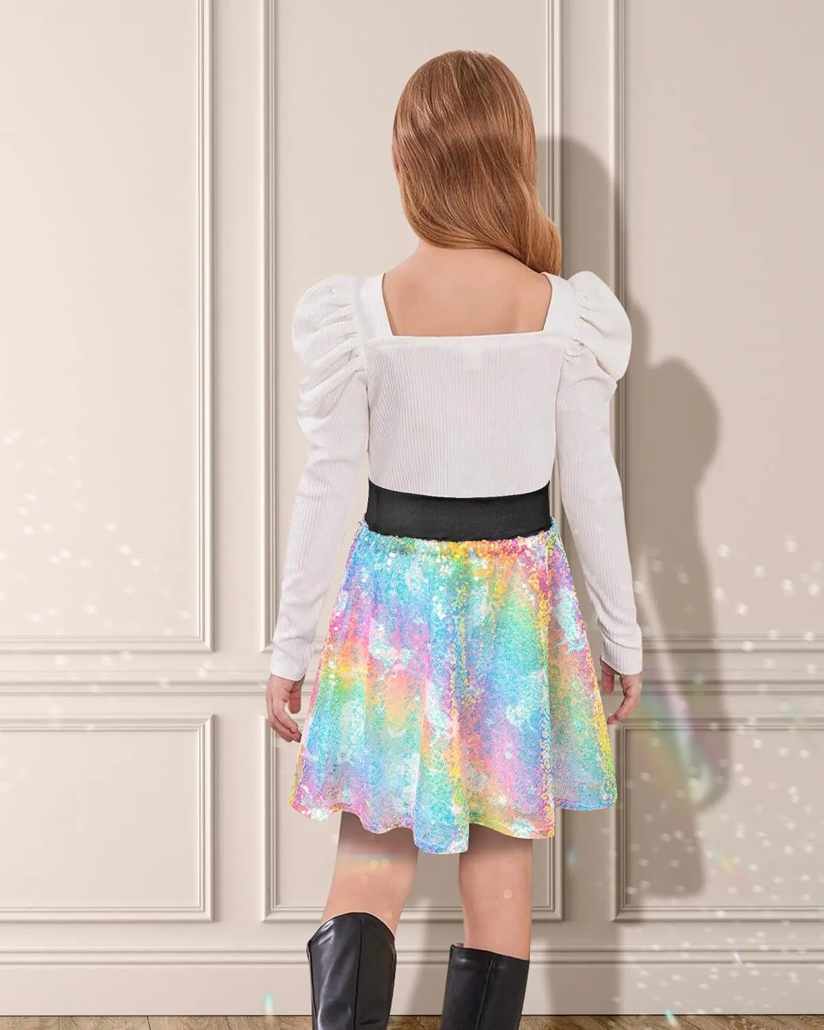 Girls Sequin Skirt, Kids Sparkly Skirt Rainbow Glitter Skirt Skorts for 6-10 Years