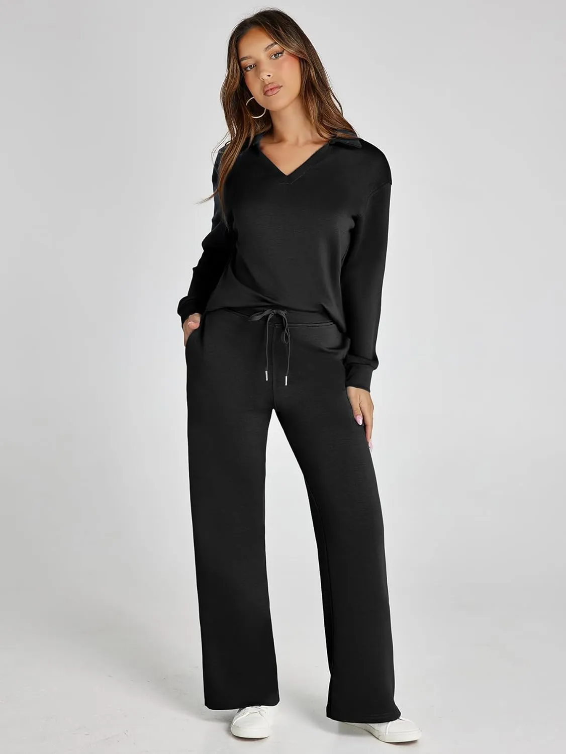 Glamaker Women's 2 Piece Sets Outfits Casual Long Sleeve Sweatsuits Polo Top and Wide Leg Pants Matching Sets