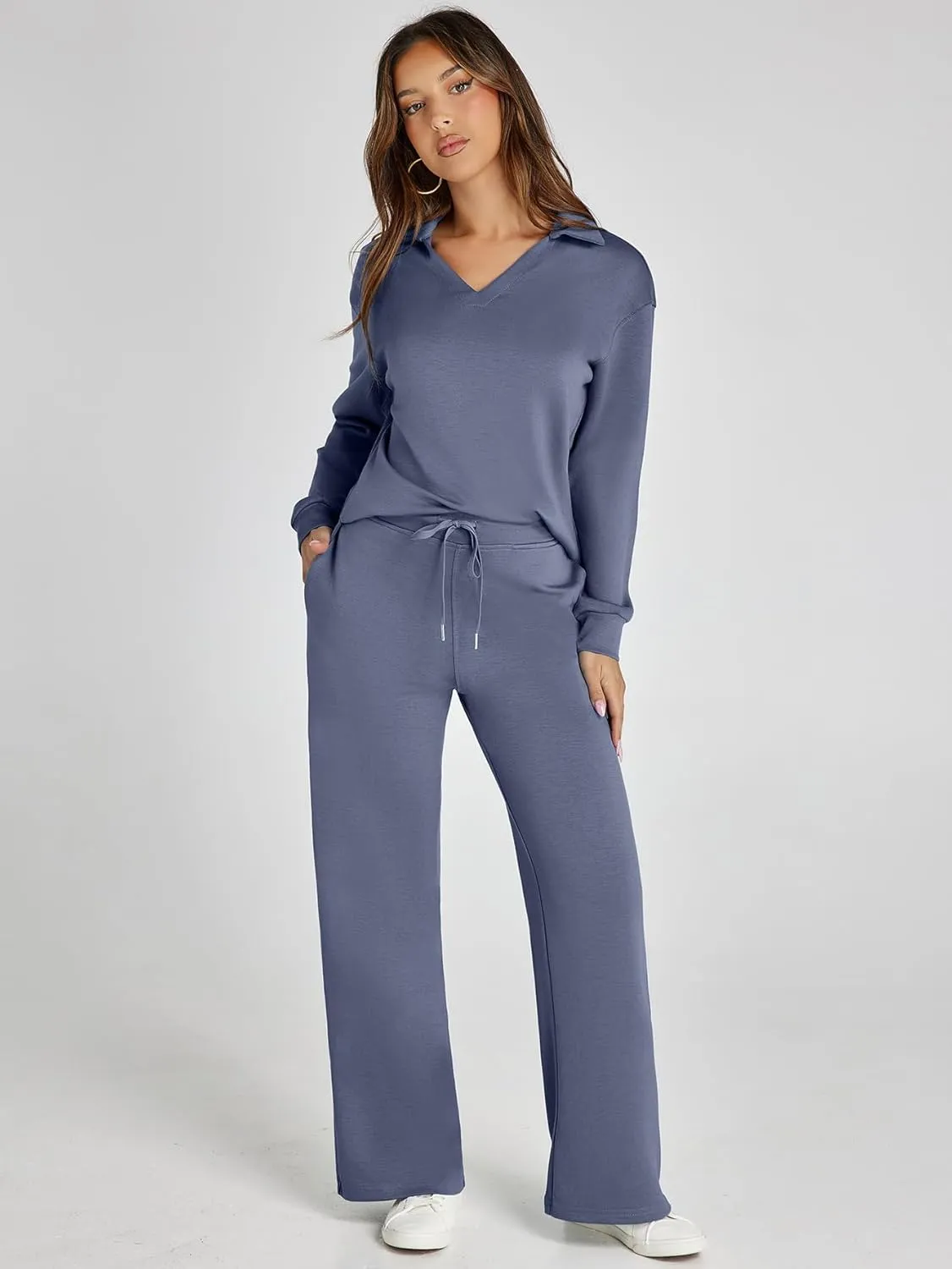 Glamaker Women's 2 Piece Sets Outfits Casual Long Sleeve Sweatsuits Polo Top and Wide Leg Pants Matching Sets