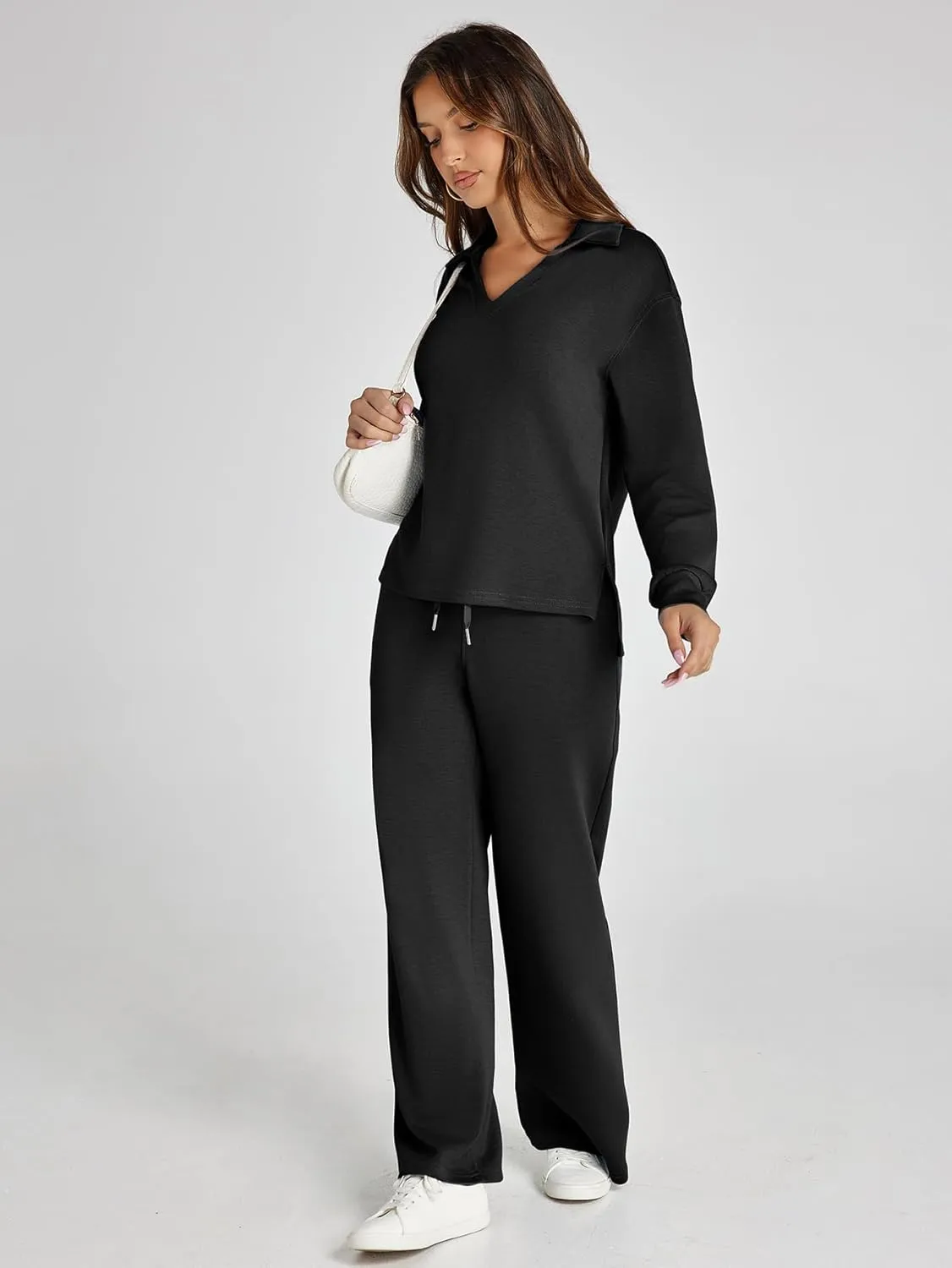 Glamaker Women's 2 Piece Sets Outfits Casual Long Sleeve Sweatsuits Polo Top and Wide Leg Pants Matching Sets
