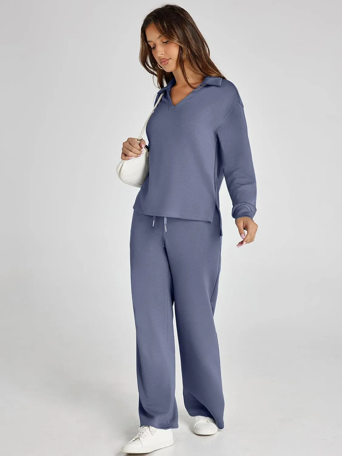 Glamaker Women's 2 Piece Sets Outfits Casual Long Sleeve Sweatsuits Polo Top and Wide Leg Pants Matching Sets