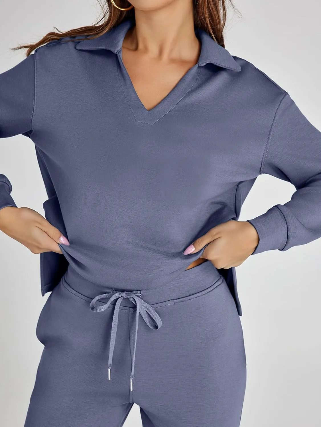 Glamaker Women's 2 Piece Sets Outfits Casual Long Sleeve Sweatsuits Polo Top and Wide Leg Pants Matching Sets