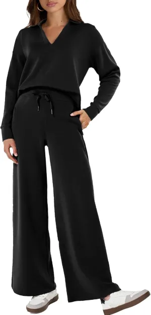 Glamaker Women's 2 Piece Sets Outfits Casual Long Sleeve Sweatsuits Polo Top and Wide Leg Pants Matching Sets