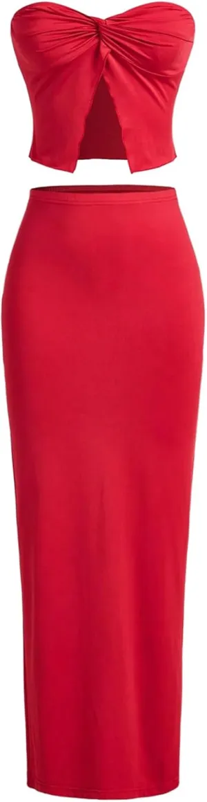 GORGLITTER Women's 2 Piece Skirt Set Twist Ruched Strapless Top and Long Bodycon Maxi Skirt Going Out Outfits