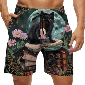 Gothic Cat Crow Daisy Floral Men's Swim Trunks Quick Dry Board Shorts Breathable Summer Beach Shorts Bathing Suits