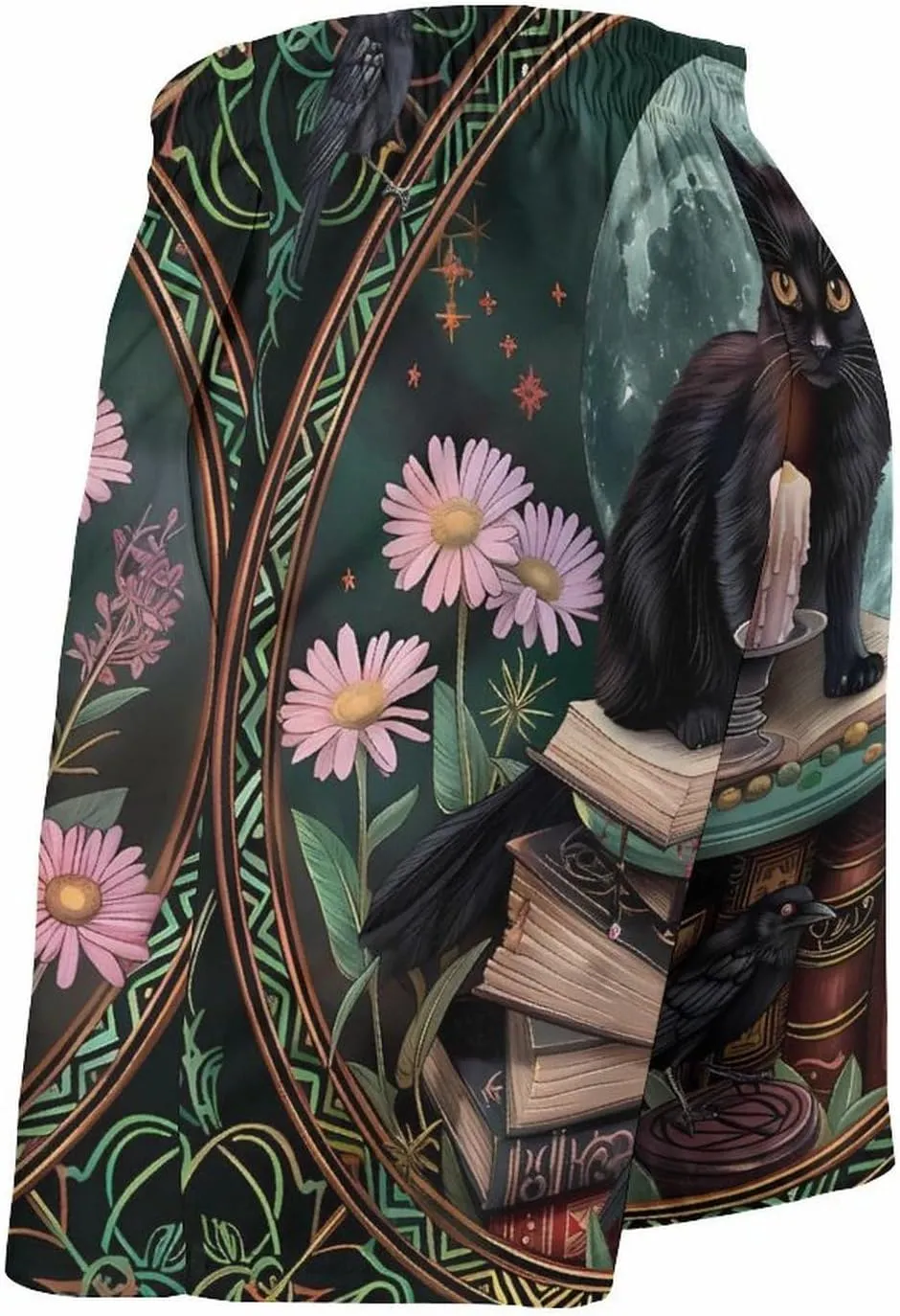 Gothic Cat Crow Daisy Floral Men's Swim Trunks Quick Dry Board Shorts Breathable Summer Beach Shorts Bathing Suits