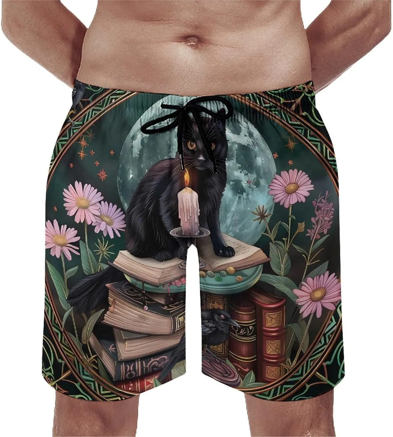 Gothic Cat Crow Daisy Floral Men's Swim Trunks Quick Dry Board Shorts Breathable Summer Beach Shorts Bathing Suits