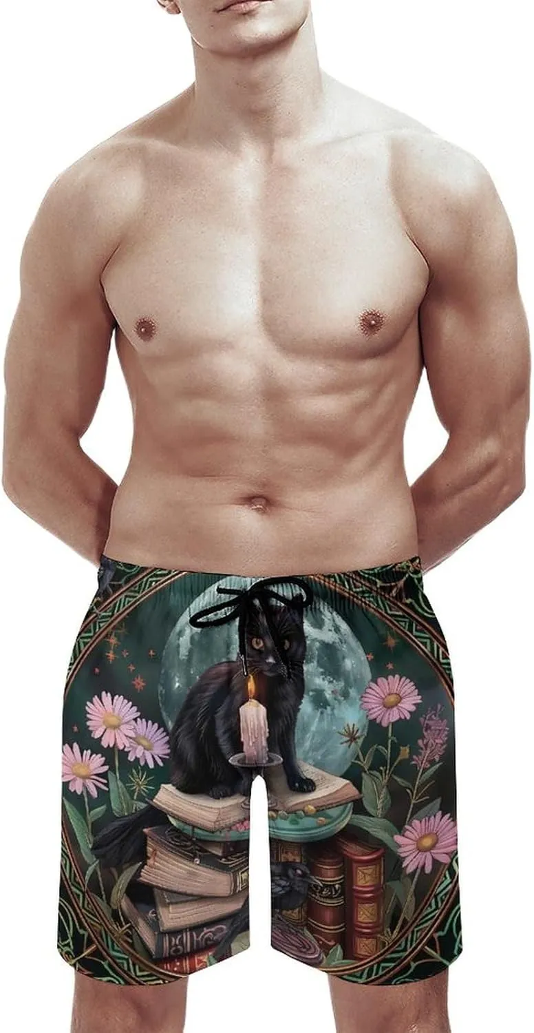 Gothic Cat Crow Daisy Floral Men's Swim Trunks Quick Dry Board Shorts Breathable Summer Beach Shorts Bathing Suits