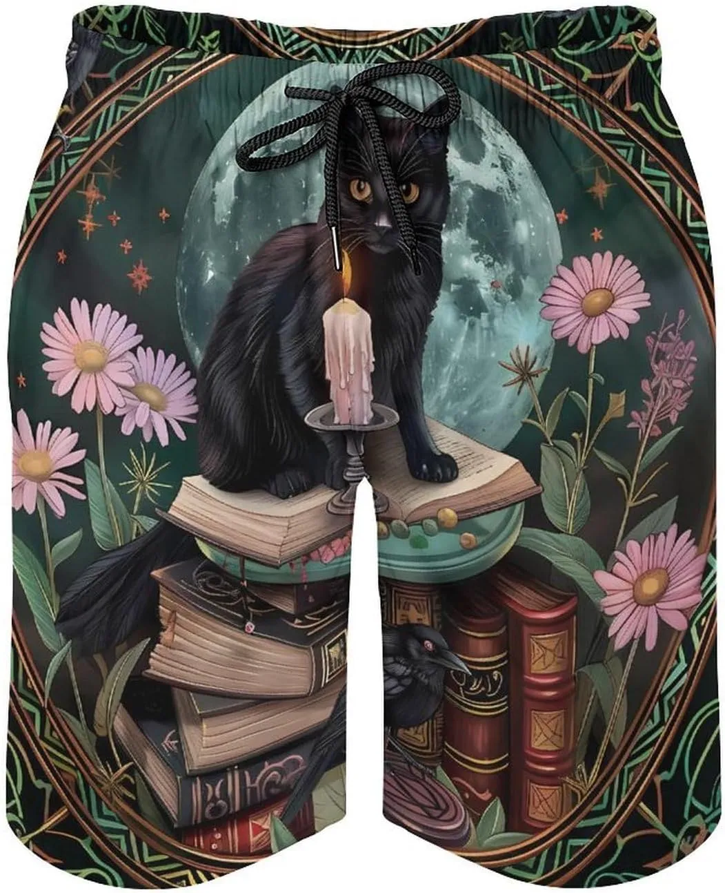 Gothic Cat Crow Daisy Floral Men's Swim Trunks Quick Dry Board Shorts Breathable Summer Beach Shorts Bathing Suits