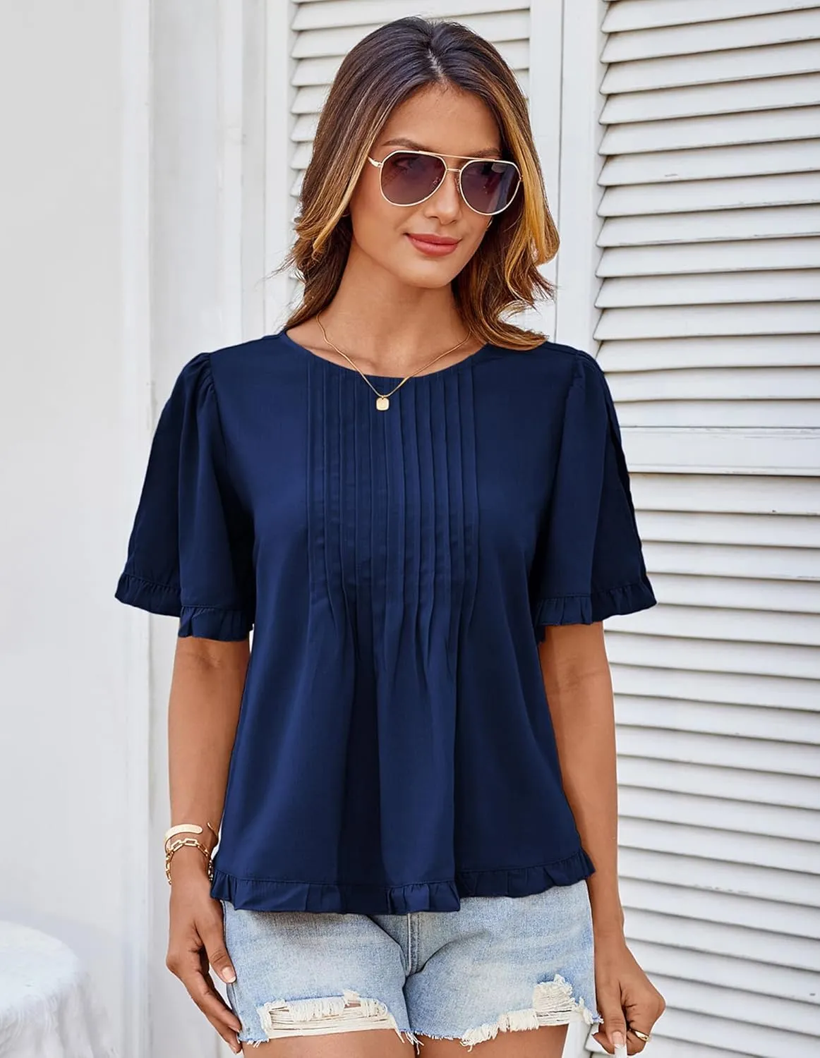 GRACE KARIN Women's 2025 Summer Babydoll Tops Casual Crewneck Ruffle Sleeve Shirts Loose Fit Pleated Blouse Outfits