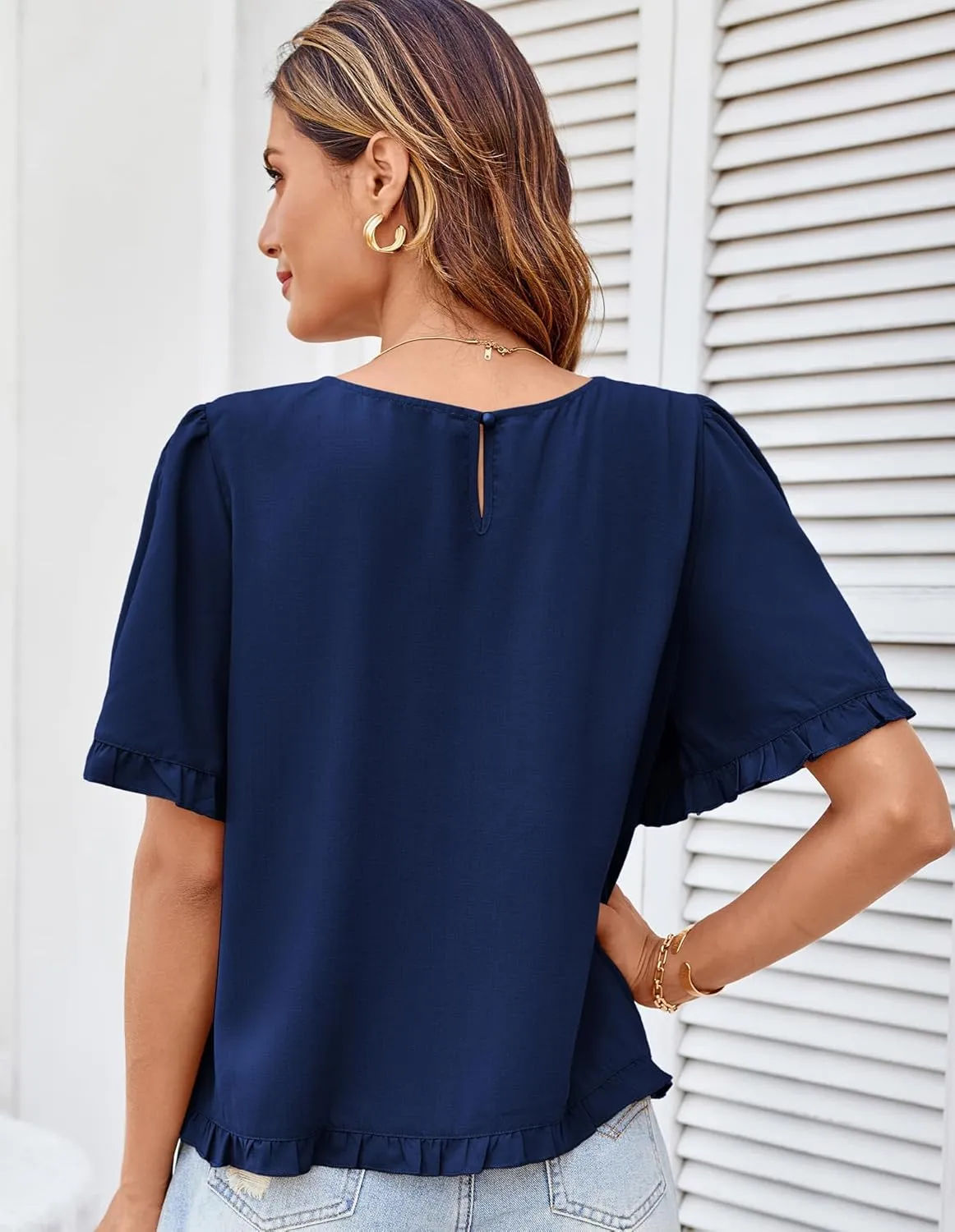 GRACE KARIN Women's 2025 Summer Babydoll Tops Casual Crewneck Ruffle Sleeve Shirts Loose Fit Pleated Blouse Outfits