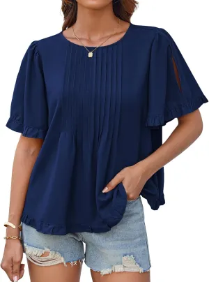GRACE KARIN Women's 2025 Summer Babydoll Tops Casual Crewneck Ruffle Sleeve Shirts Loose Fit Pleated Blouse Outfits