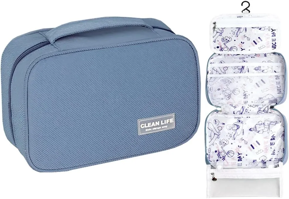 Hanging Toiletry Bag, Foldable Travel Cosmetic Bag, Portable Makeup Bag with Zippered Pockets for Women, Blue