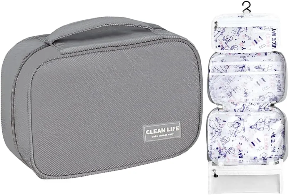 Hanging Toiletry Bag, Foldable Travel Cosmetic Bag, Portable Makeup Bag with Zippered Pockets for Women, Grey