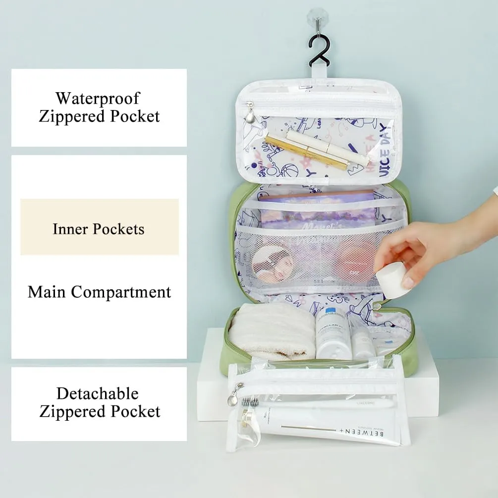 Hanging Toiletry Bag, Foldable Travel Cosmetic Bag, Portable Makeup Bag with Zippered Pockets for Women, Off White