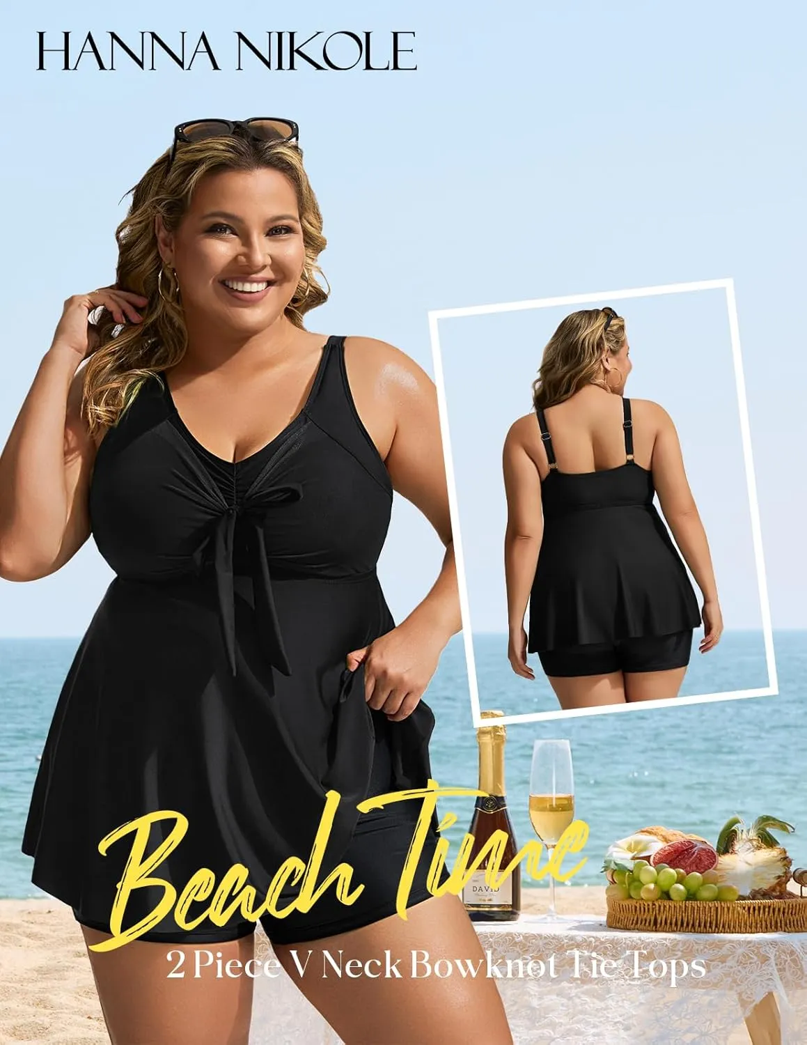 Hanna Nikole Womens Plus Size Tankini Swimsuit V Neck Tie Wrap Flowy Swim Tops with Boy Shorts Bathing Suit