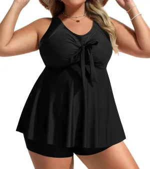 Hanna Nikole Womens Plus Size Tankini Swimsuit V Neck Tie Wrap Flowy Swim Tops with Boy Shorts Bathing Suit