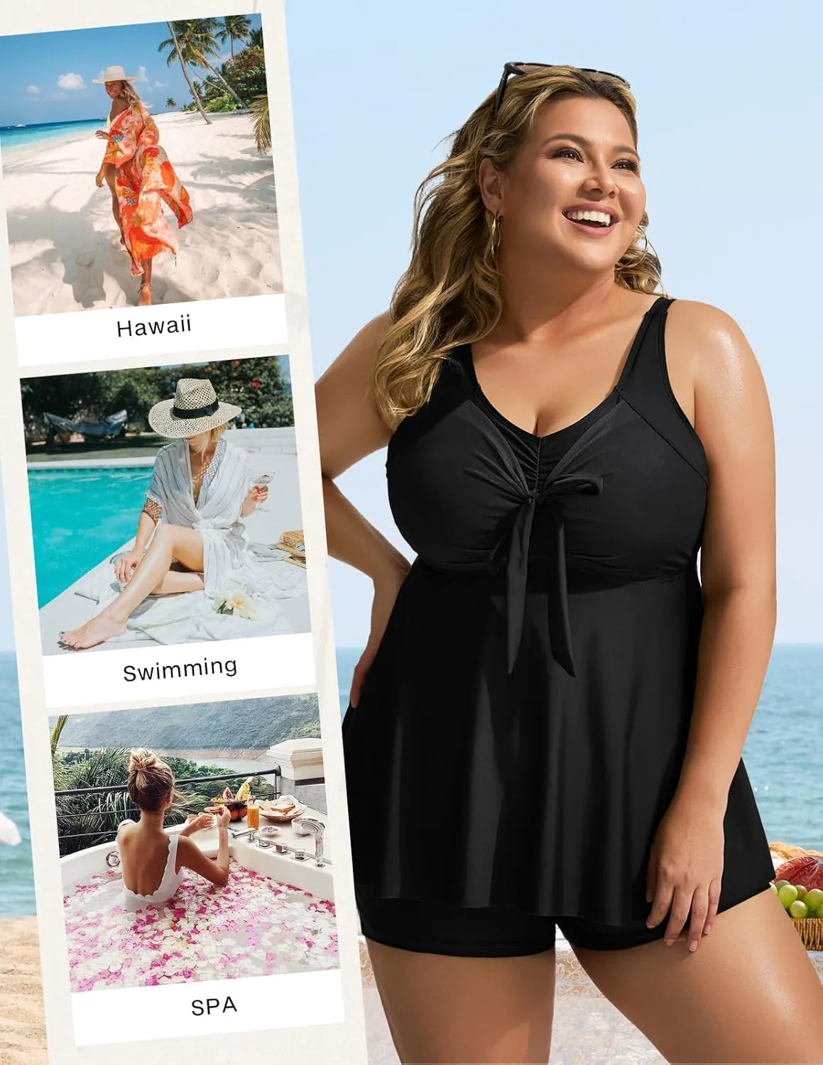 Hanna Nikole Womens Plus Size Tankini Swimsuit V Neck Tie Wrap Flowy Swim Tops with Boy Shorts Bathing Suit