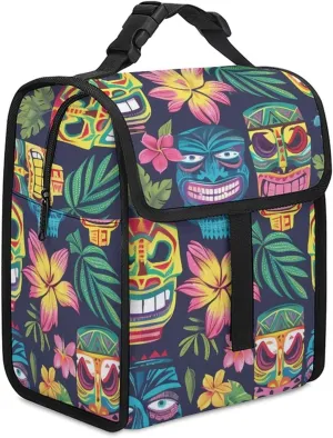 Hawaii Tiki Masks And Florals Insulated Lunch Cooler Bag Waterproof Lunch Box for Work Picnic Or Travel