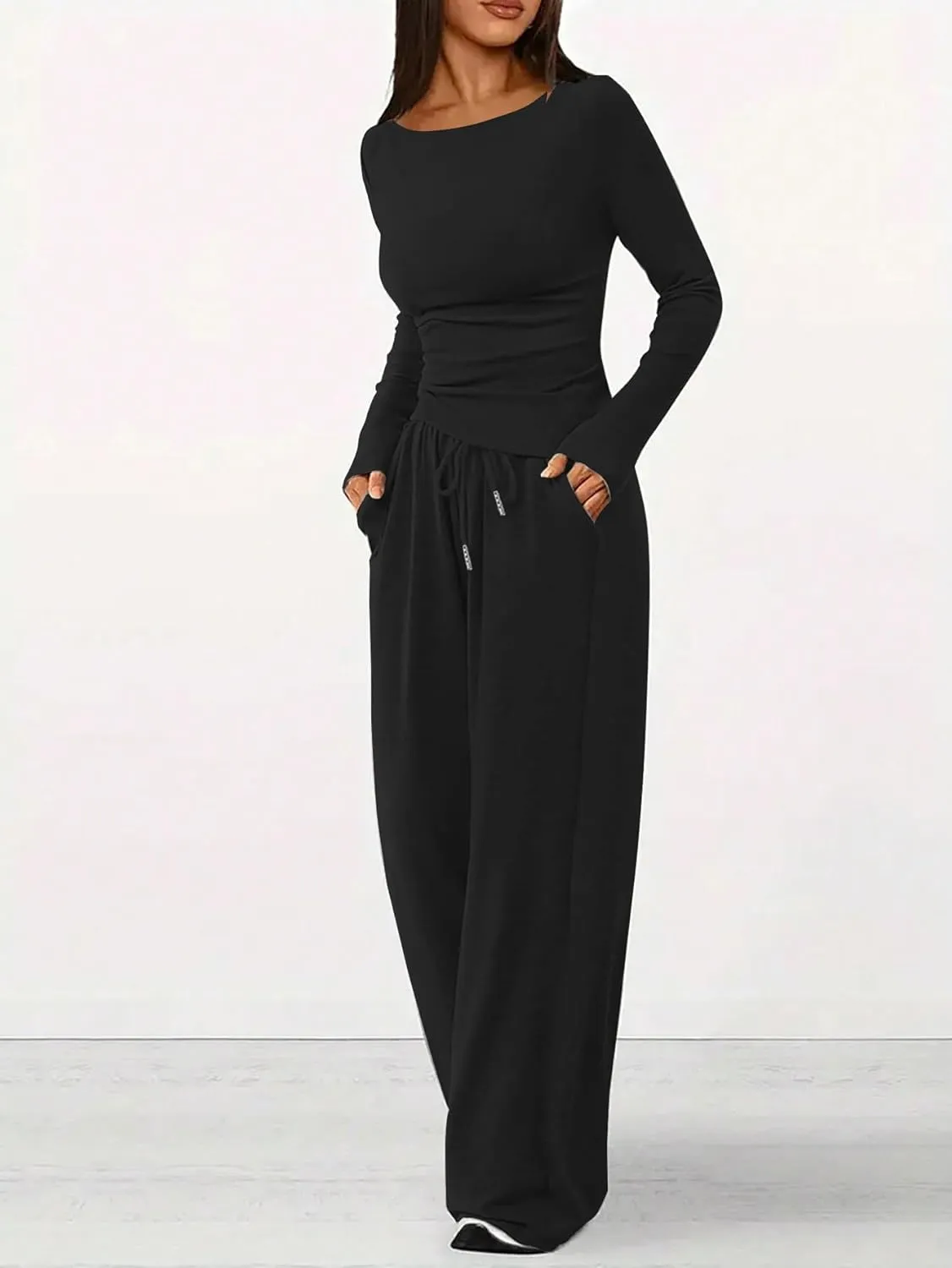 HBQ Women's 2 Piece Lounge Sets Asymmetrical Long Sleeve T Shirt Wide Leg Pants Casual Outfits Tracksuit