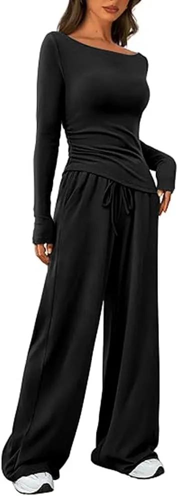 HBQ Women's 2 Piece Lounge Sets Asymmetrical Long Sleeve T Shirt Wide Leg Pants Casual Outfits Tracksuit