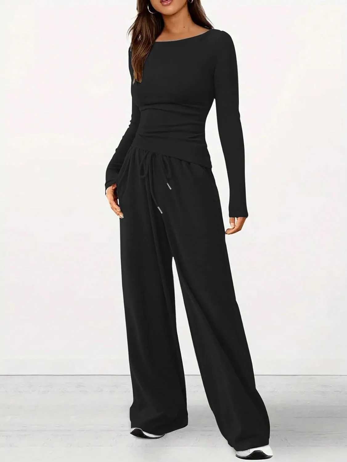 HBQ Women's 2 Piece Lounge Sets Asymmetrical Long Sleeve T Shirt Wide Leg Pants Casual Outfits Tracksuit