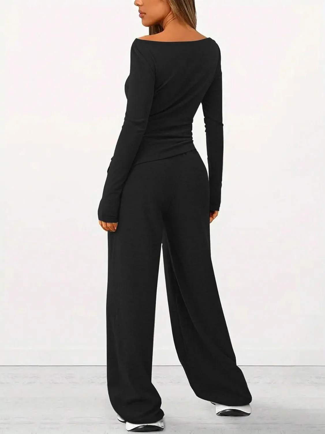 HBQ Women's 2 Piece Lounge Sets Asymmetrical Long Sleeve T Shirt Wide Leg Pants Casual Outfits Tracksuit