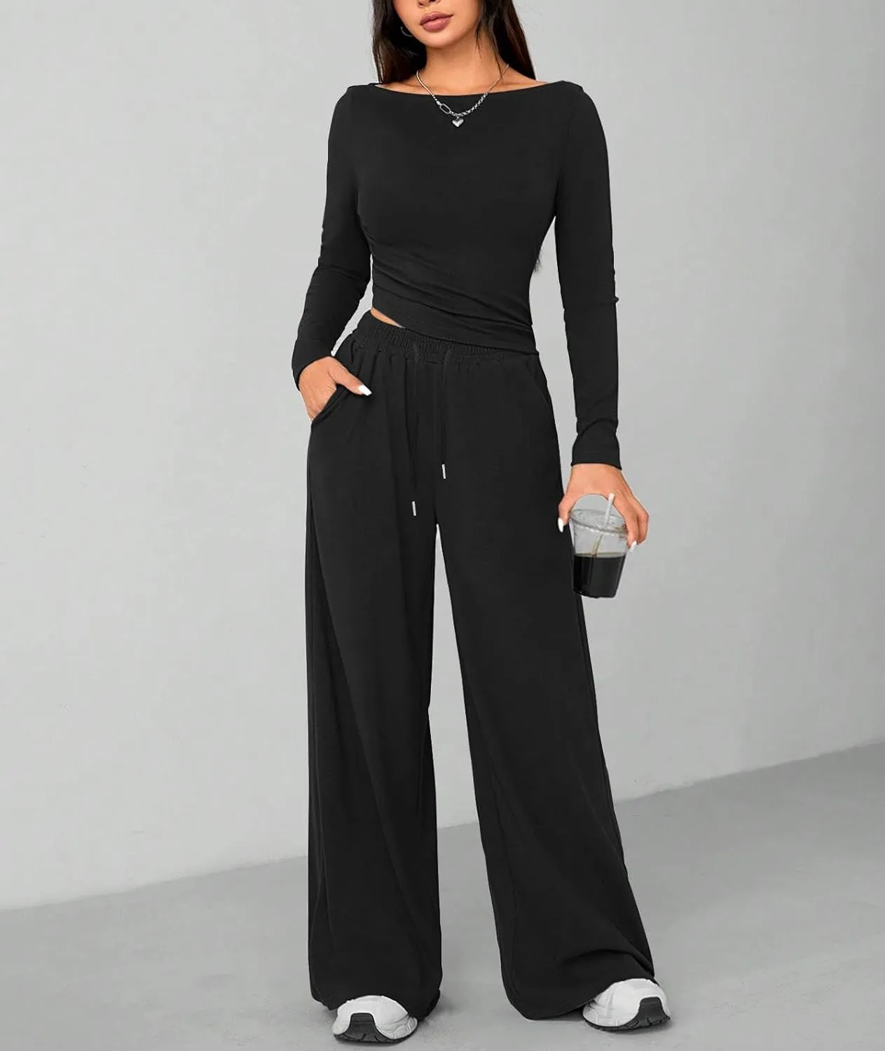 HBQ Women's 2 Piece Lounge Sets Asymmetrical Long Sleeve T Shirt Wide Leg Pants Casual Outfits Tracksuit