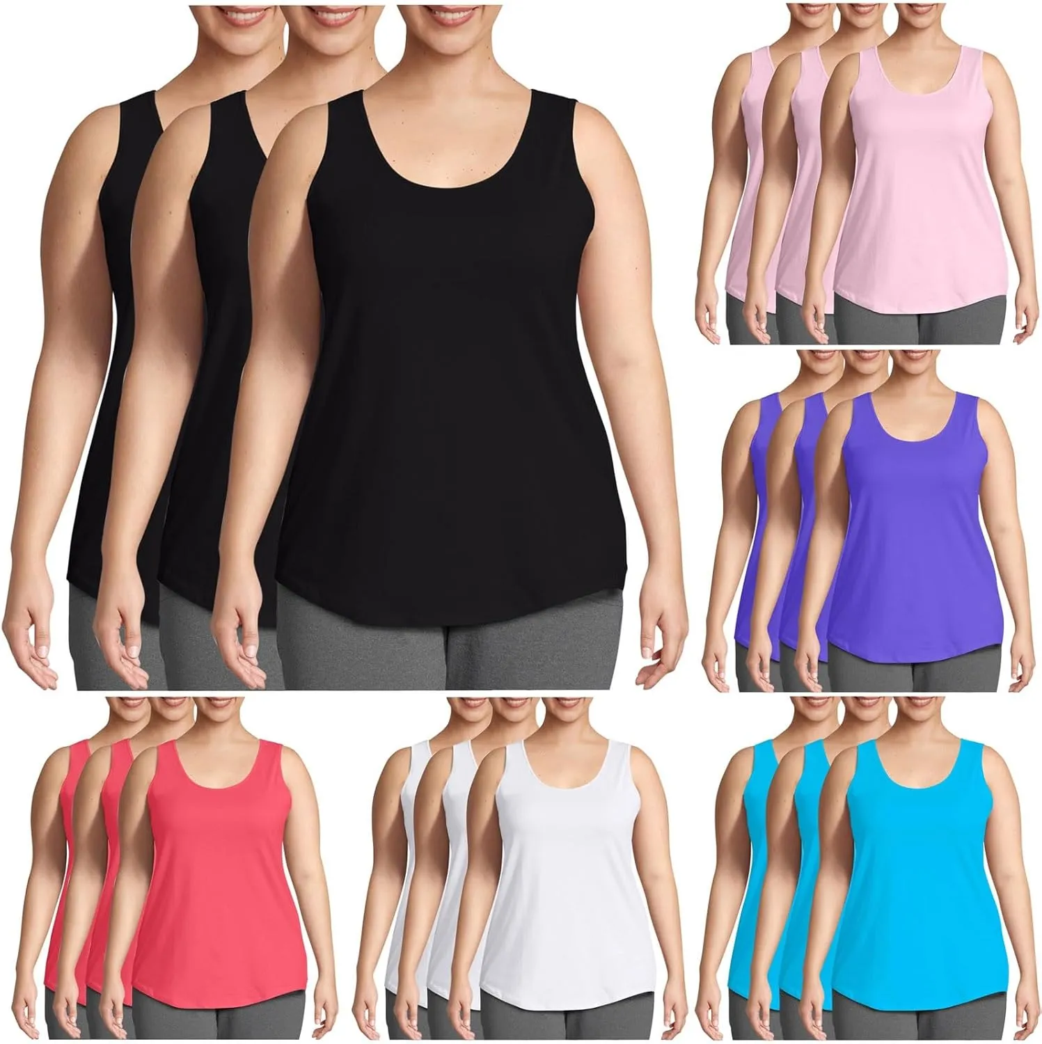HGps8w 3 Pack Womens Plus Size Basic Tank Tops, Casual Solid Color Crewneck Sleeveless Undershirts Blouses